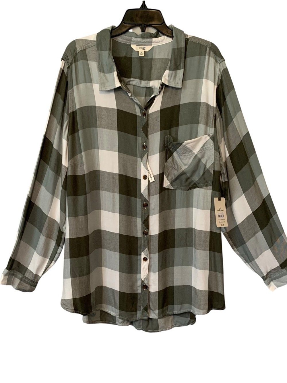 Terra & Sky Women's Olive and White Plaid Button-Down Shirt - Sz 3X